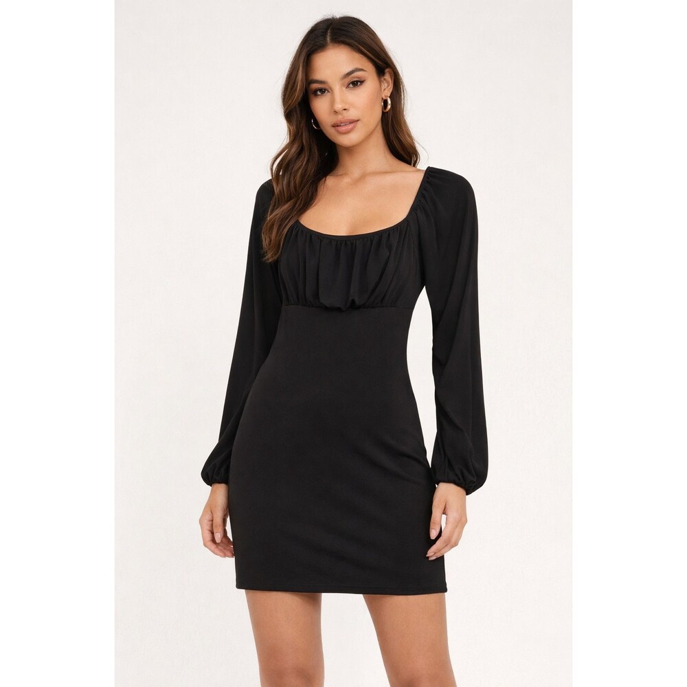 Gaze Women’s Black Bodycon Mini Dress Size M Ruched Square Neck Long Sleeve